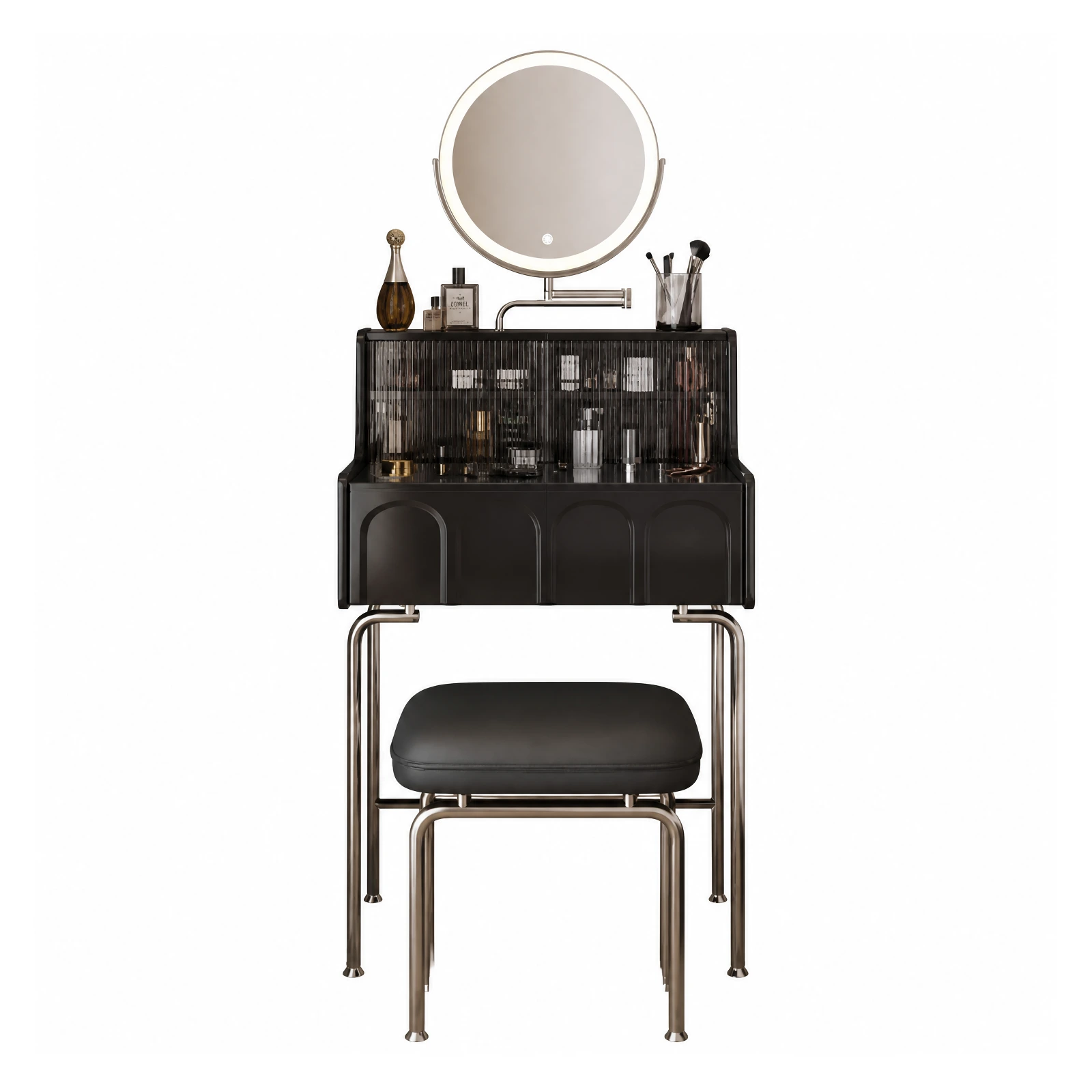 Modern Black Dressing Table with LED Mirror and Stool
