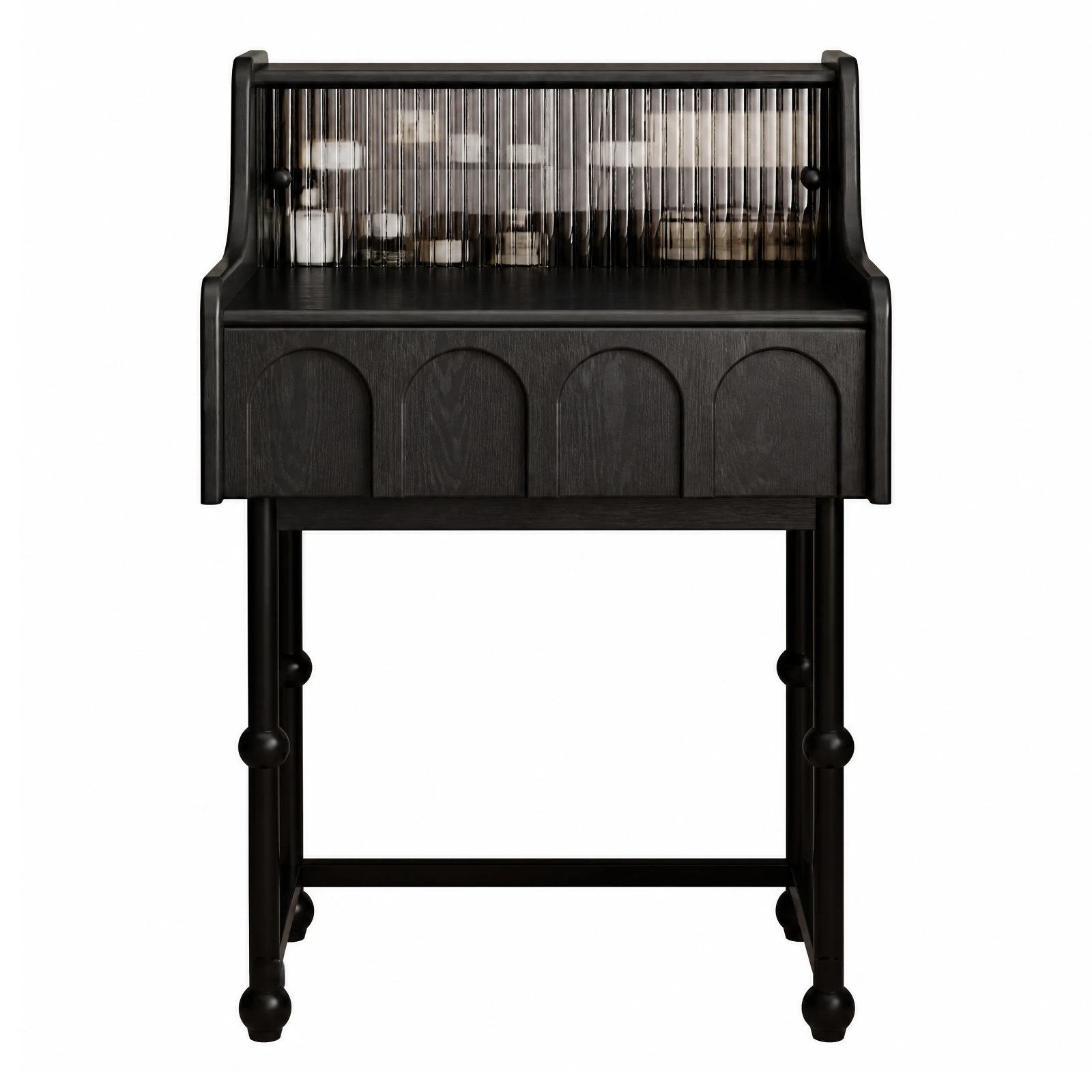 Black Wooden Dressing Table with Fluted Glass Mirror and Arched Drawers