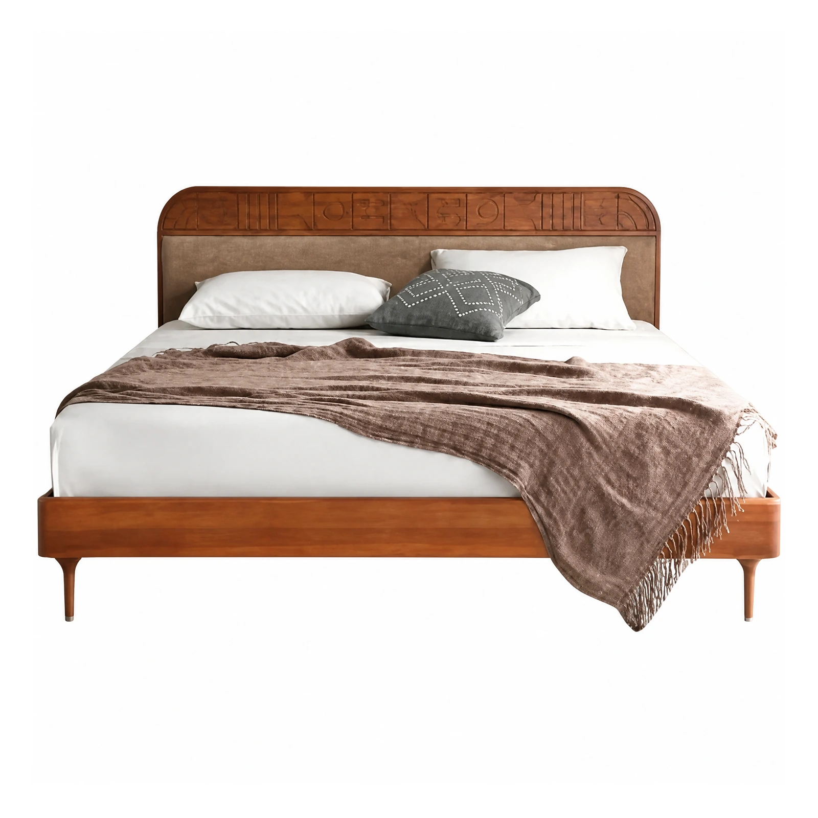 Mid-Century Modern Wooden Bed with Upholstered Headboard