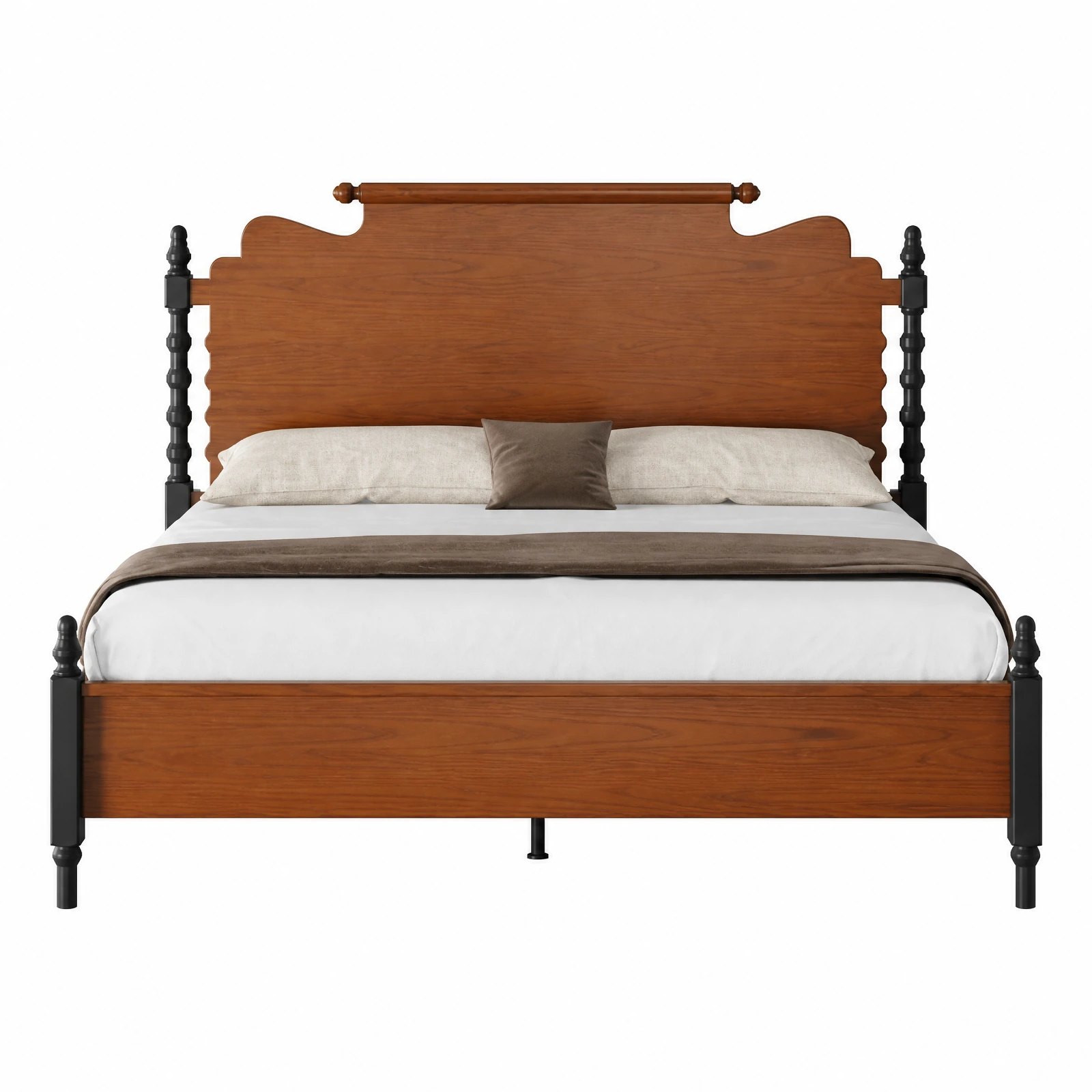 Solid Wood Bed Frame with Turned Posts and Scalloped Headboard