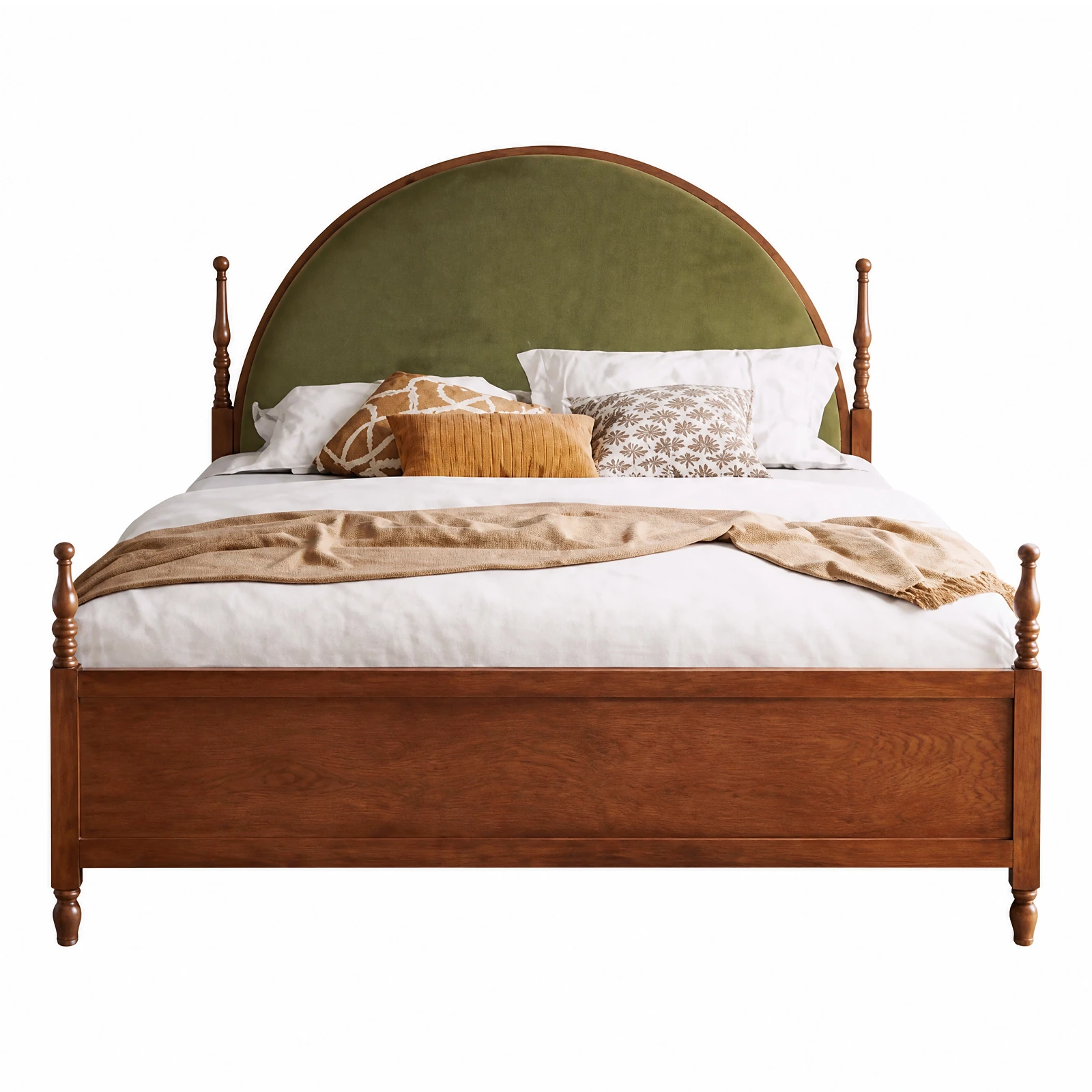 Ash Wood Bed with Green Velvet Upholstered Headboard