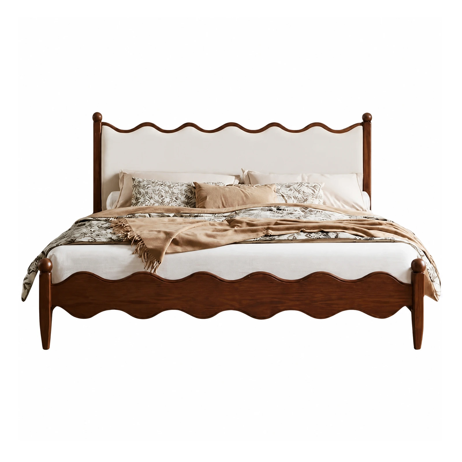 Upholstered Bed with Scalloped Wood Frame