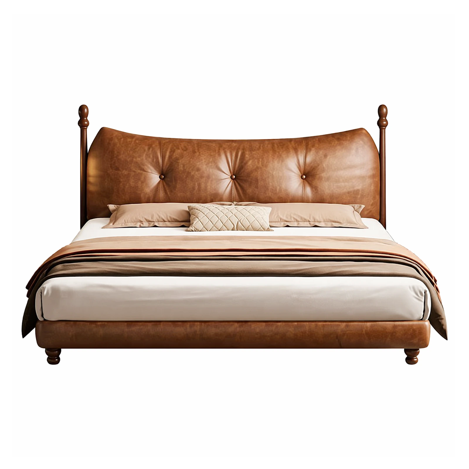 White Ash and Leather Upholstered Bed with Tufted Headboard
