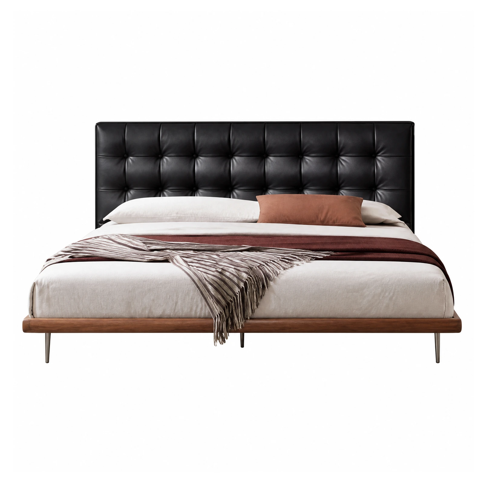 Modern Upholstered Platform Bed with Tufted Leather Headboard