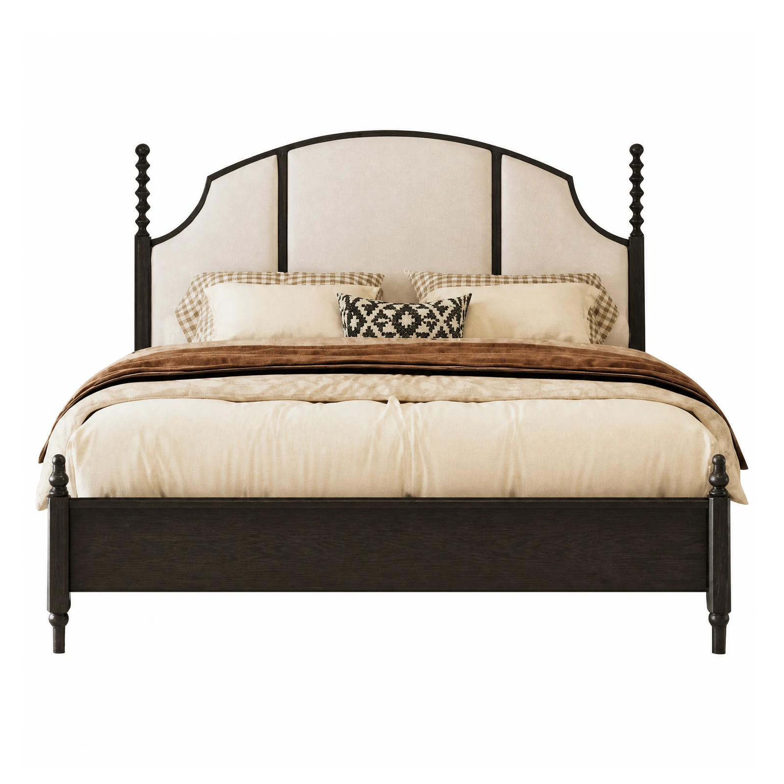 Upholstered Bed with Arched Headboard and Turned Posts